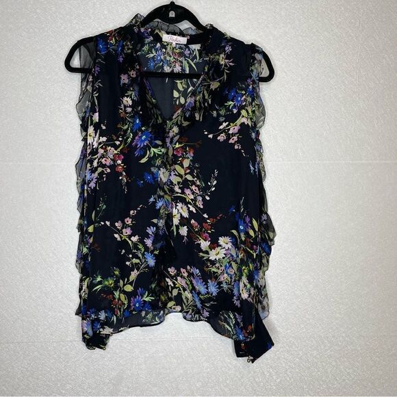 Parker Elana Floral Ruffle Cold Shoulder Sill Blouse XS - Picture 2 of 6